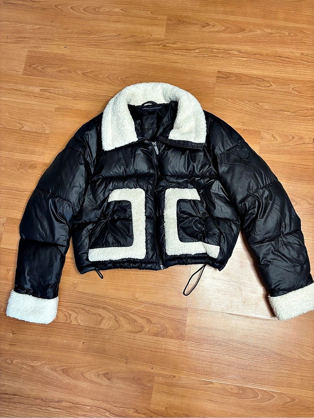French Connection Sherpa Trim Puffer Jacket Black & White Medium